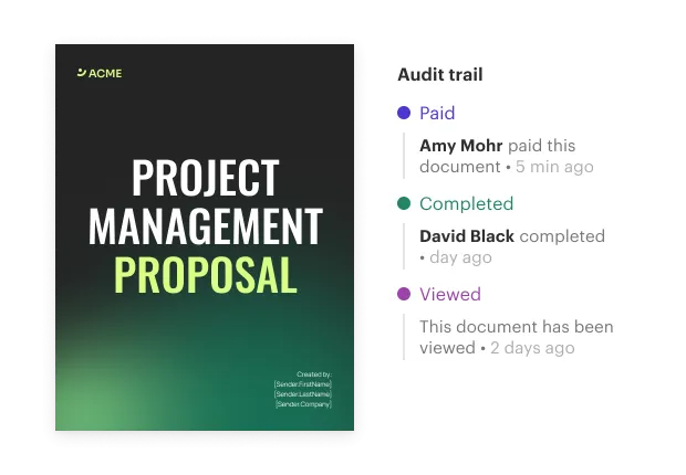 Document audit trail showing viewed, completed, and paid activity events for a sent proposal.