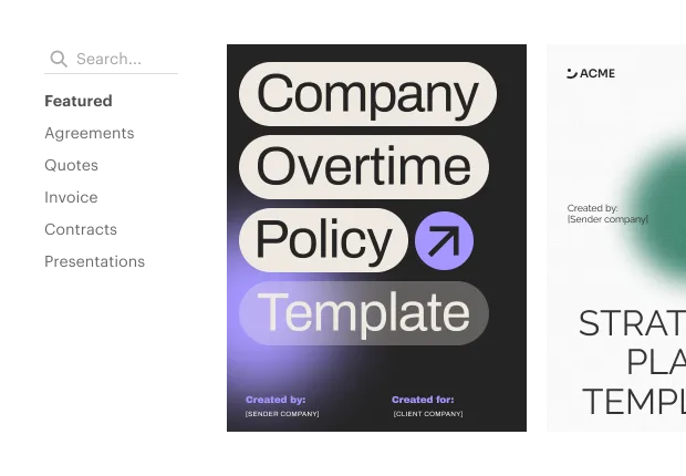 Reusable template gallery with category sidebar (agreements, quotes, invoices, contracts).