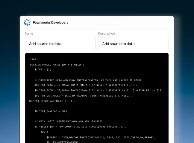 Patchworks Developers — custom connector script editor