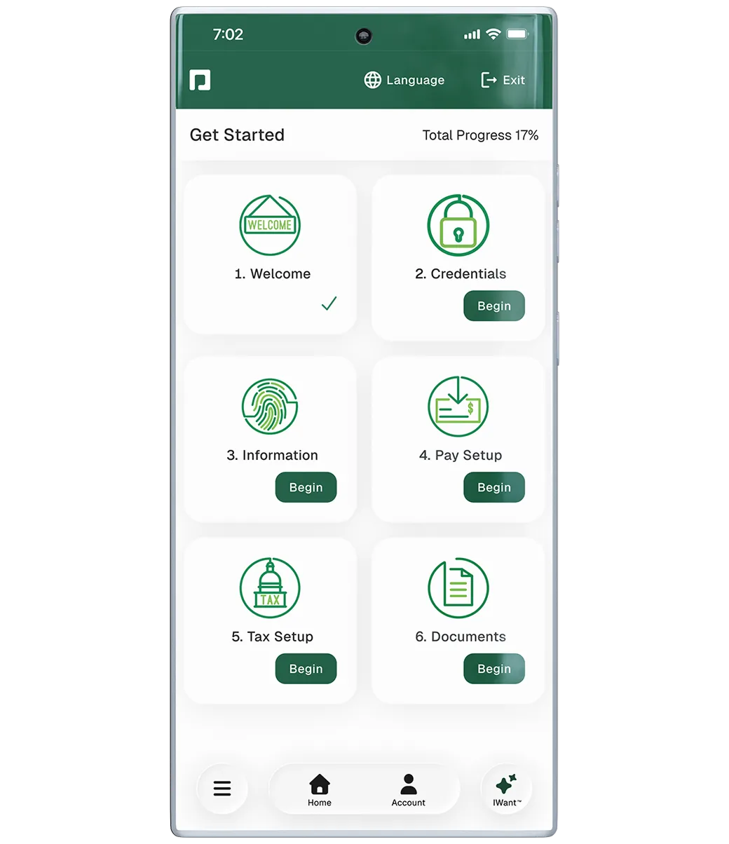 Self-onboarding checklist shown in the Paycom mobile app