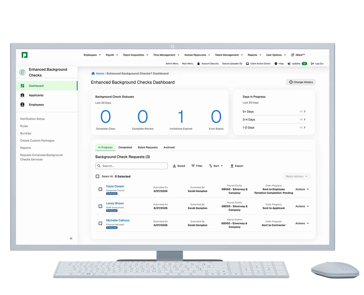 Enhanced Background Checks dashboard showing request statuses and days-in-progress