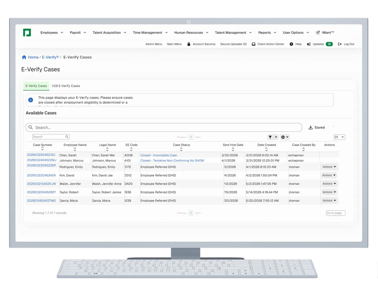 E-Verify Cases list with case status and creation dates