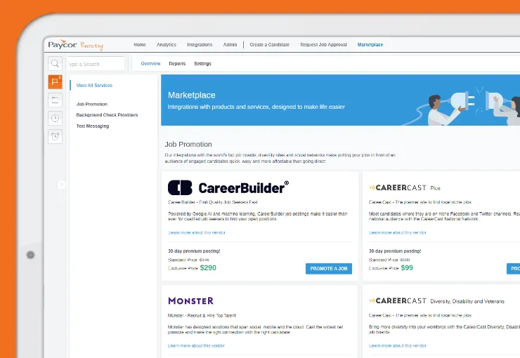 Marketplace screen for job board and background-check integrations
