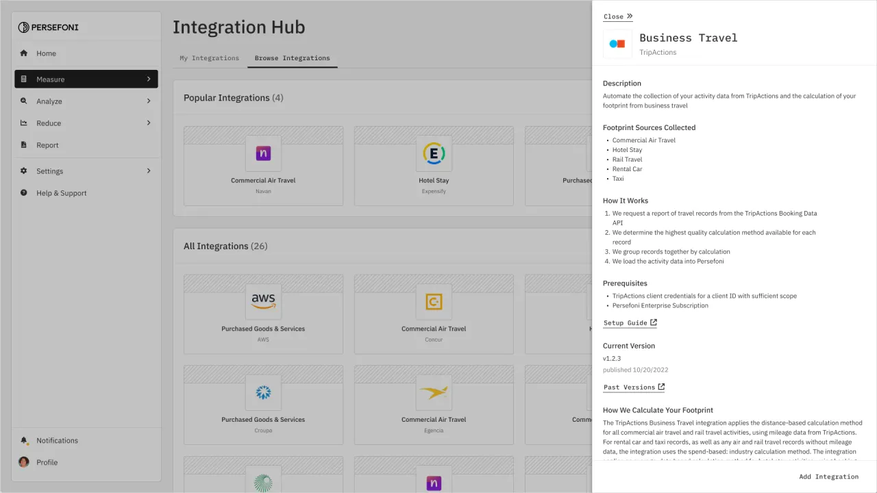 Integration detail panel for the TripActions business-travel connector, showing footprint sources and setup steps