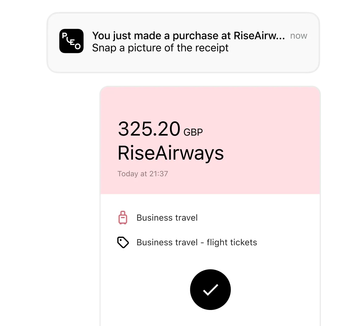 Purchase notification and categorized expense detail in the Pleo app