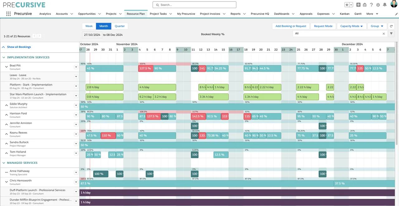 Resource Plan view showing consultant bookings and utilization by week/month
