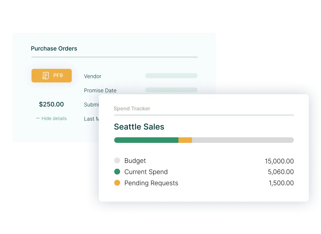 Purchasing module showing requests, approvals, and purchase orders