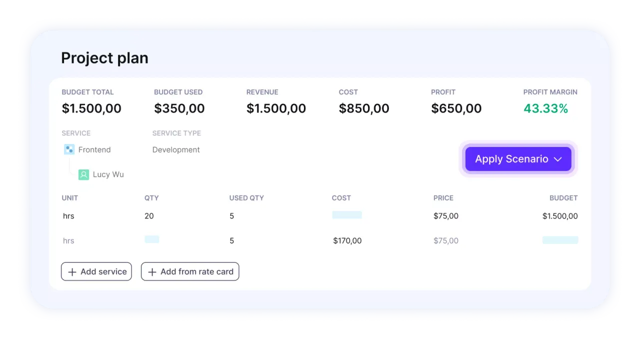 Project plan view with budget, revenue, cost and profit margin