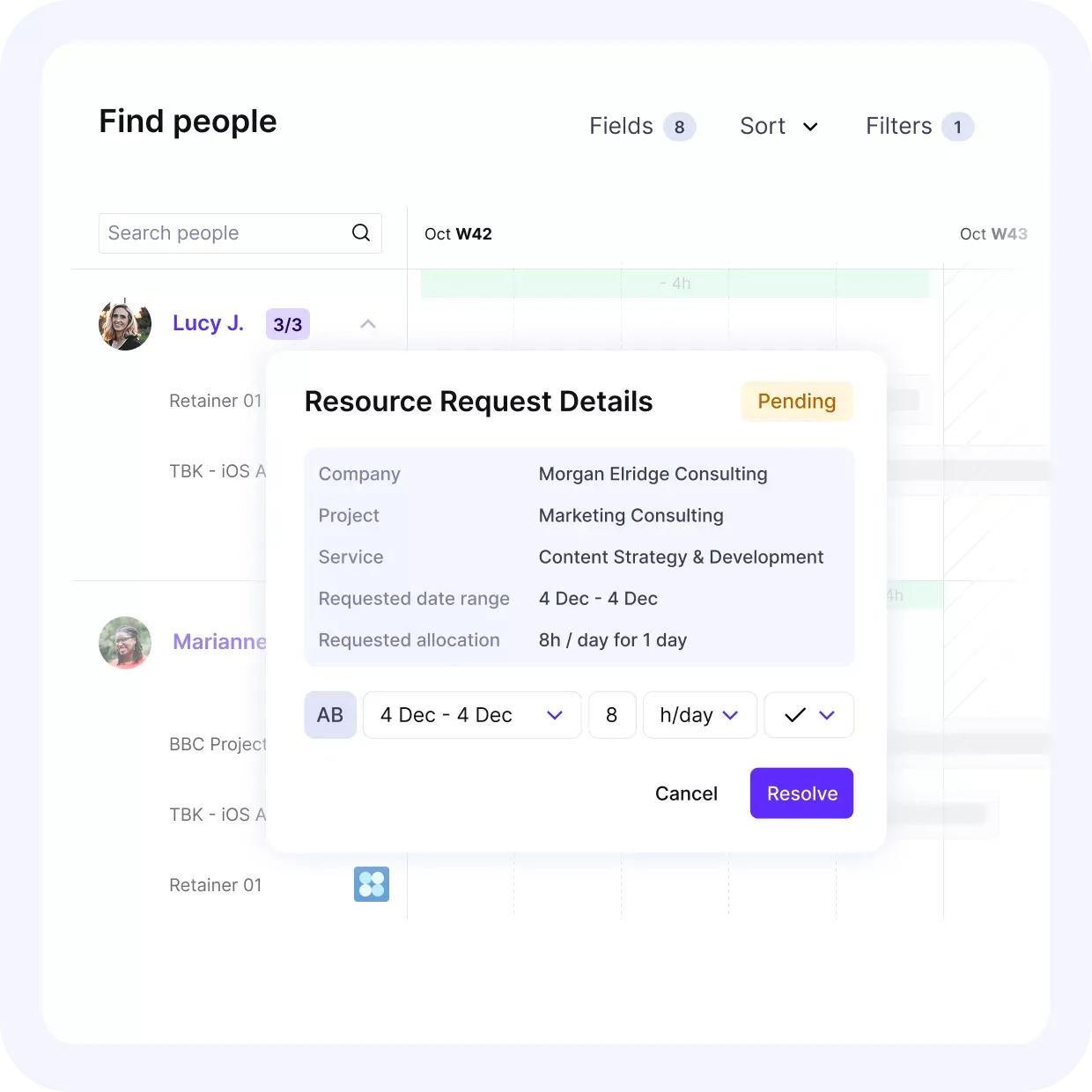 Find People resource-request workflow with allocation details