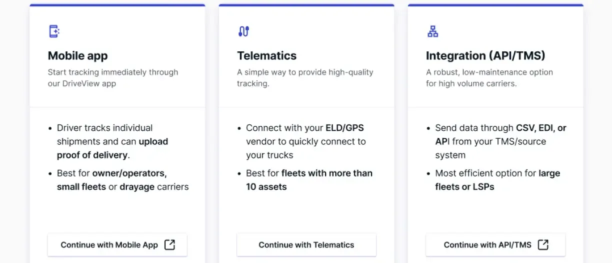 Carrier onboarding options: mobile app, telematics, and API/TMS integration