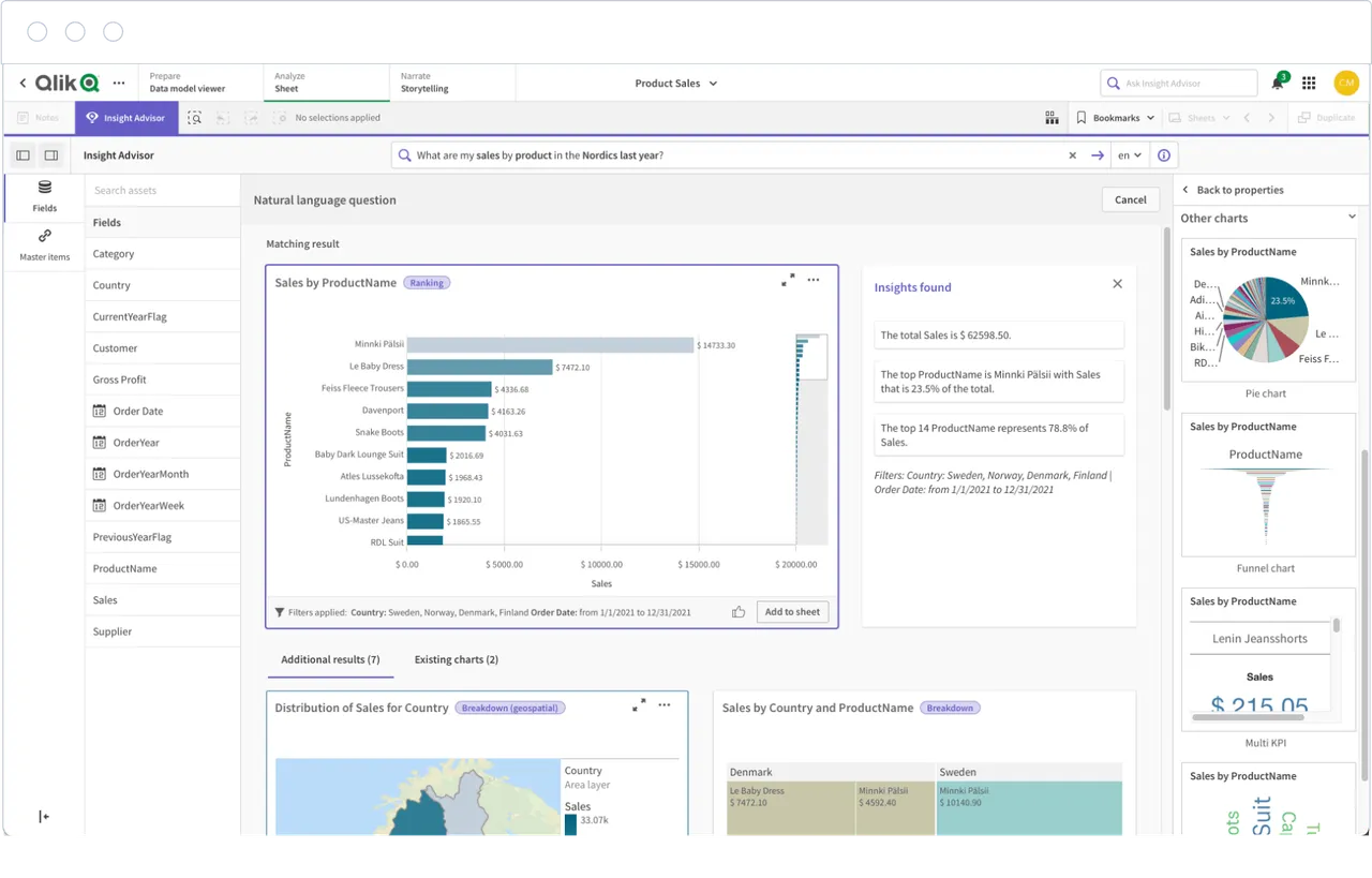 Qlik Sense augmented-analytics view with insight suggestions