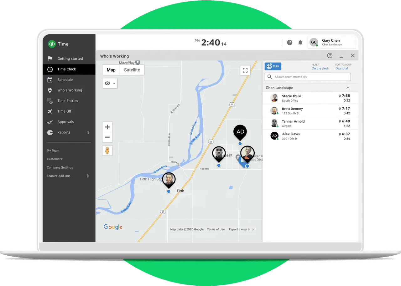 Who's Working map view showing employee GPS locations and clocked-in duration