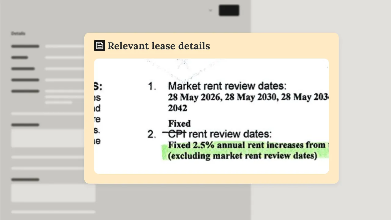 Credia Extract surfacing relevant lease details from a lease document