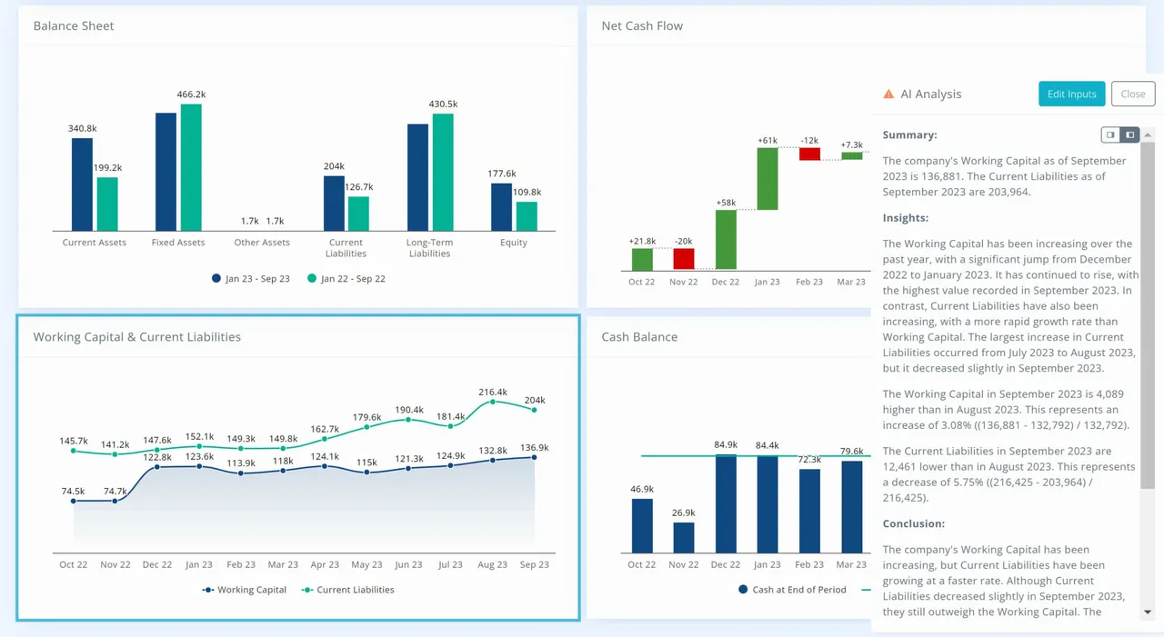 AI-generated financial analysis alongside balance sheet, cash flow, and working capital charts