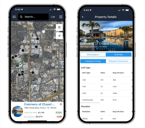 Market Analytics mobile app showing property map search and floorplan pricing detail
