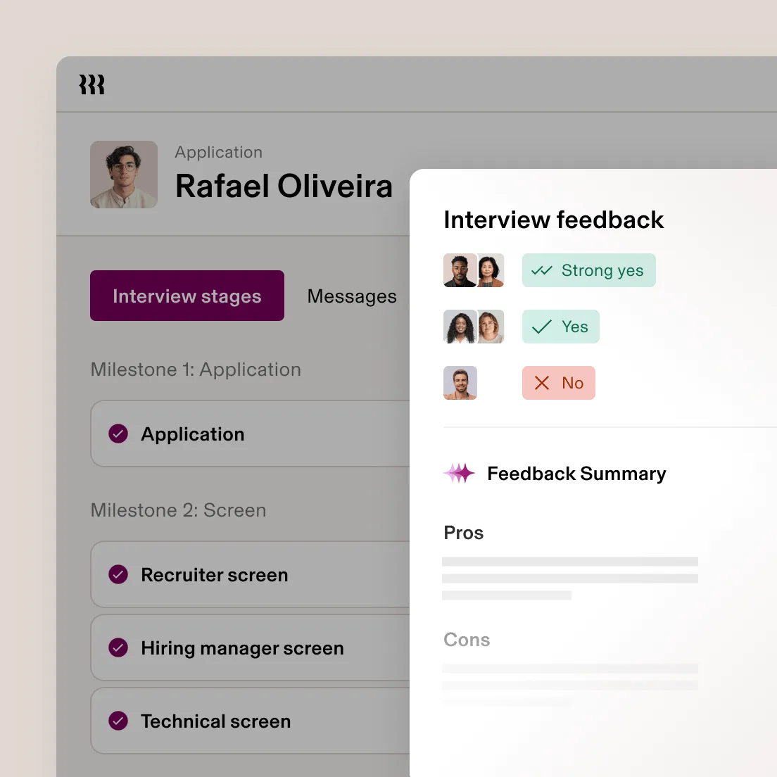 Interview feedback panel with AI-synthesized pros and cons