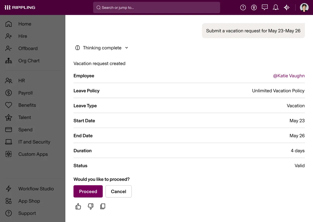 Employee self-service time-off request inside the Rippling app