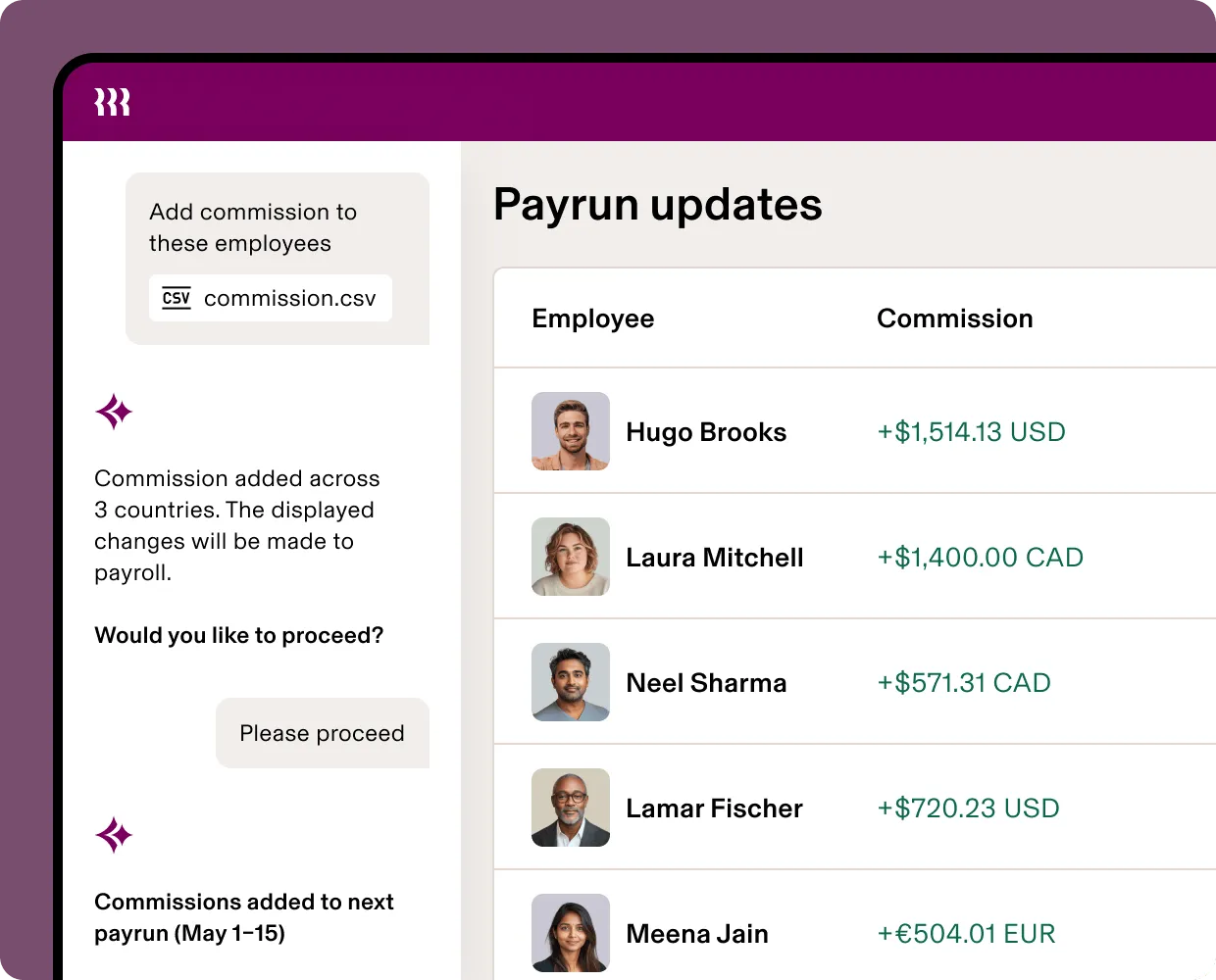 Payrun updates screen showing employee pay in multiple currencies