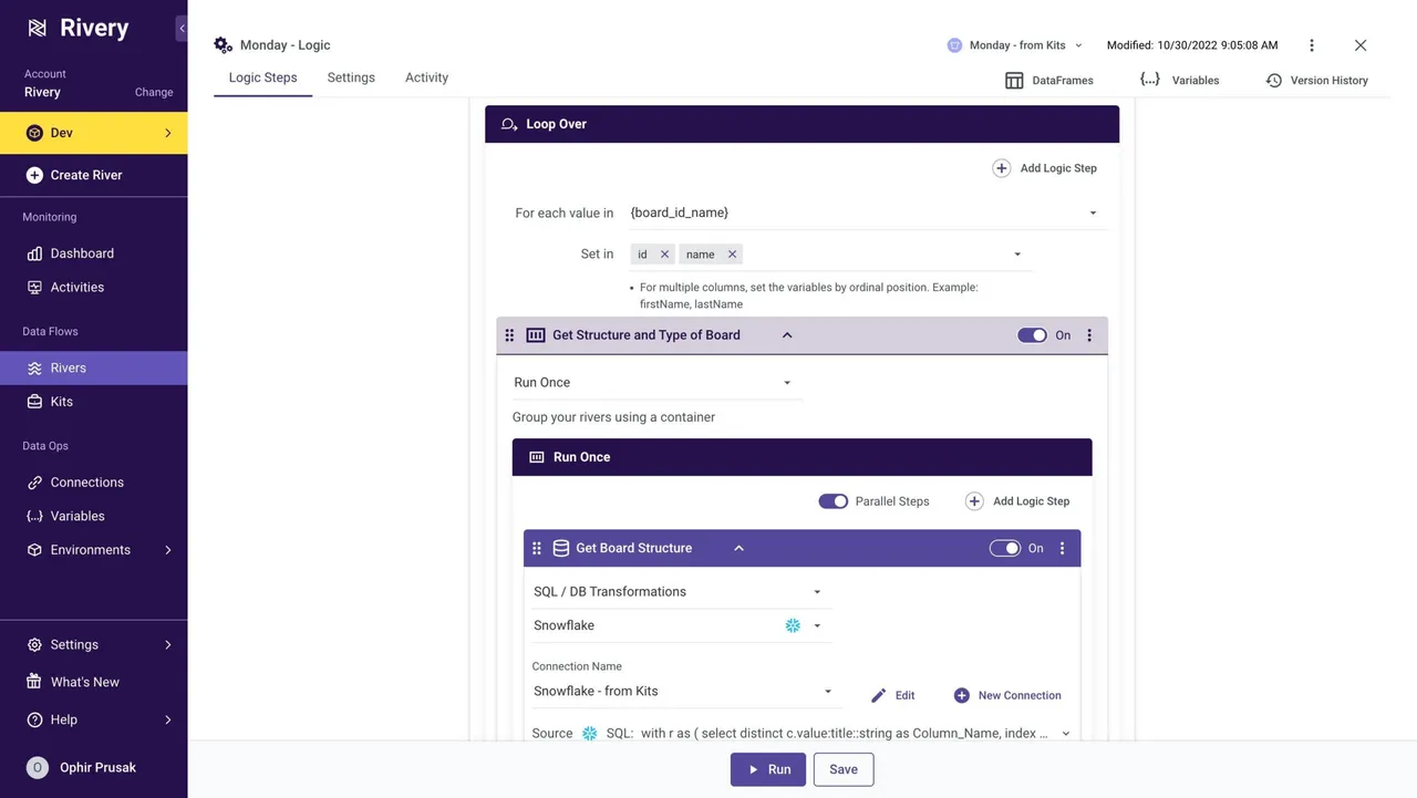 River workflow builder showing a Loop Over container with SQL/DB transformation steps against a Snowflake connection