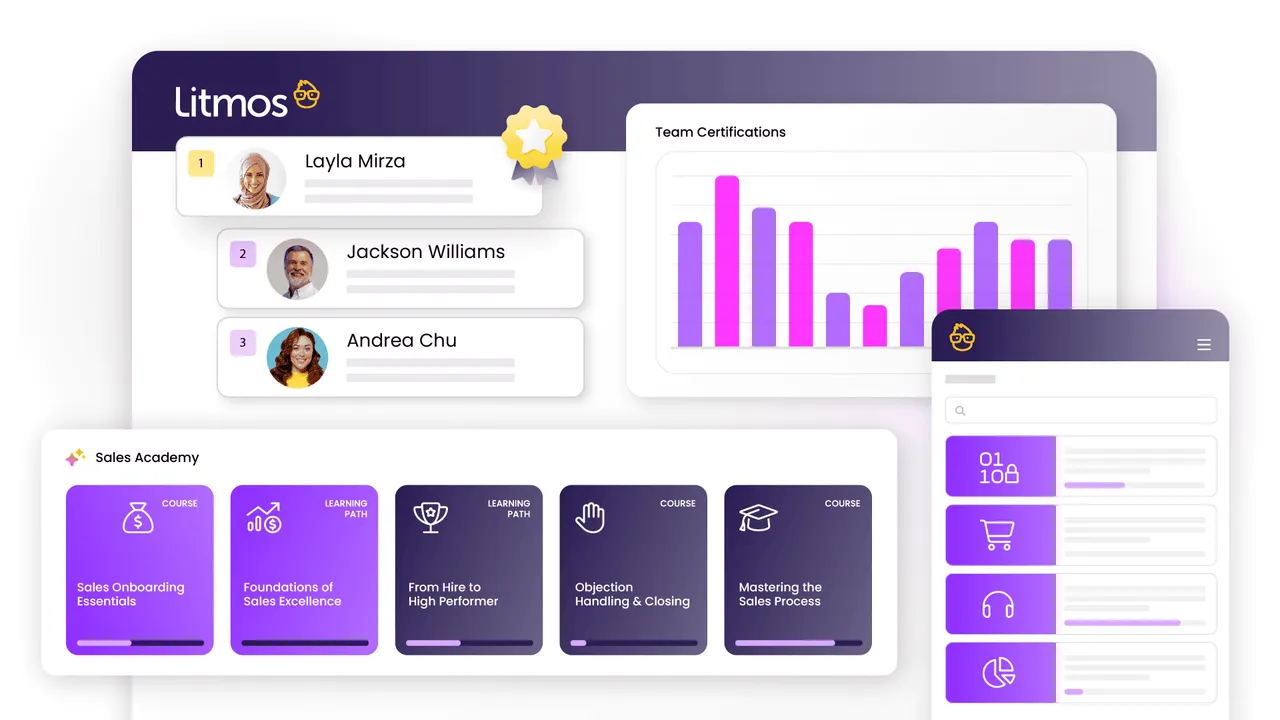 Team certifications chart, sales academy course catalog and mobile learner view