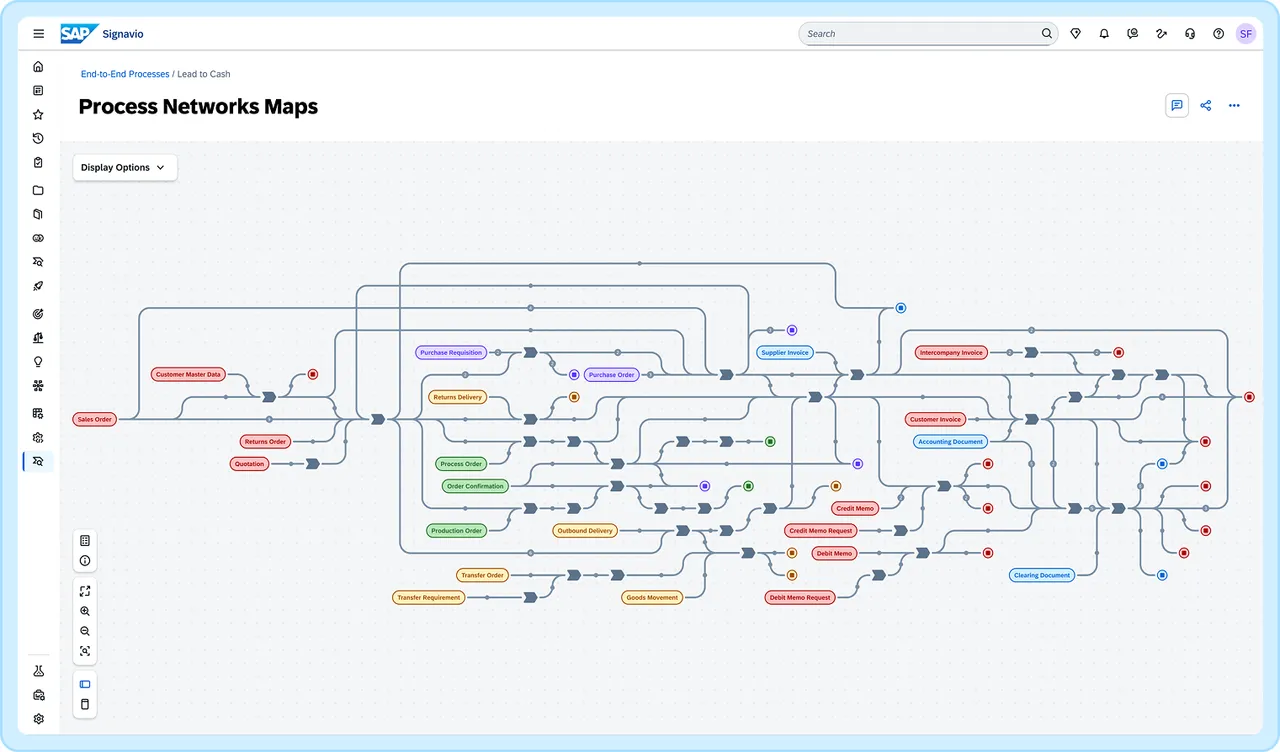 Process Networks Map showing a lead-to-cash process flow across sales, purchasing, production and finance documents