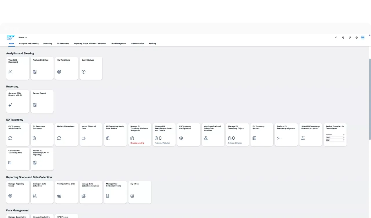 SAP Sustainability Control Tower home screen showing GHG dashboard, ESG data analysis, EU Taxonomy, and reporting tiles
