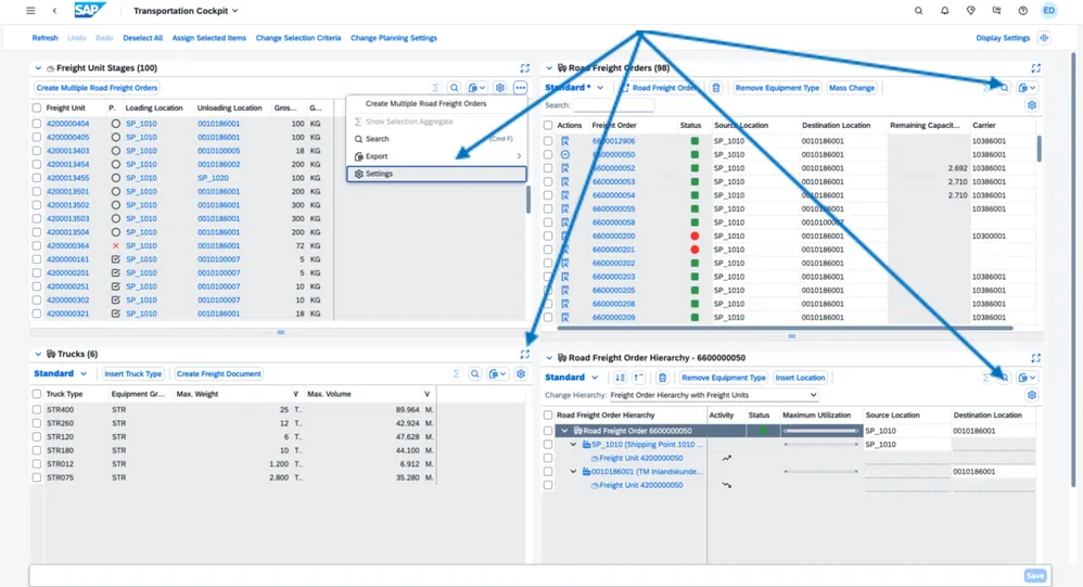 Simplified Transportation Cockpit in SAP S/4HANA, showing configurable planning columns and layout
