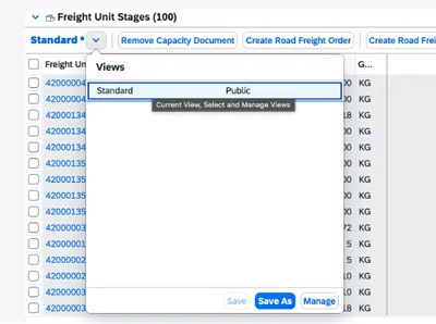 Transportation Cockpit settings panel for choosing and ordering visible columns