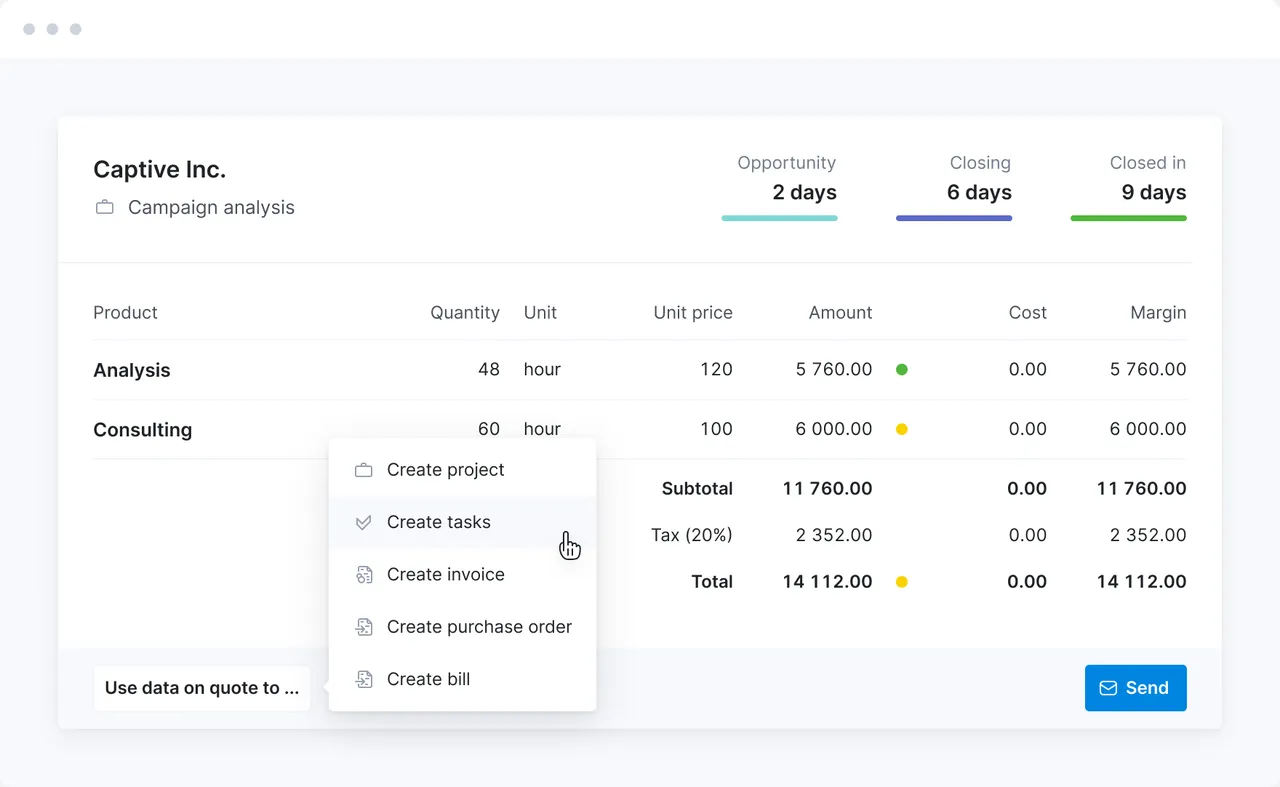 Quote line items with quick actions to create a project, invoice or purchase order