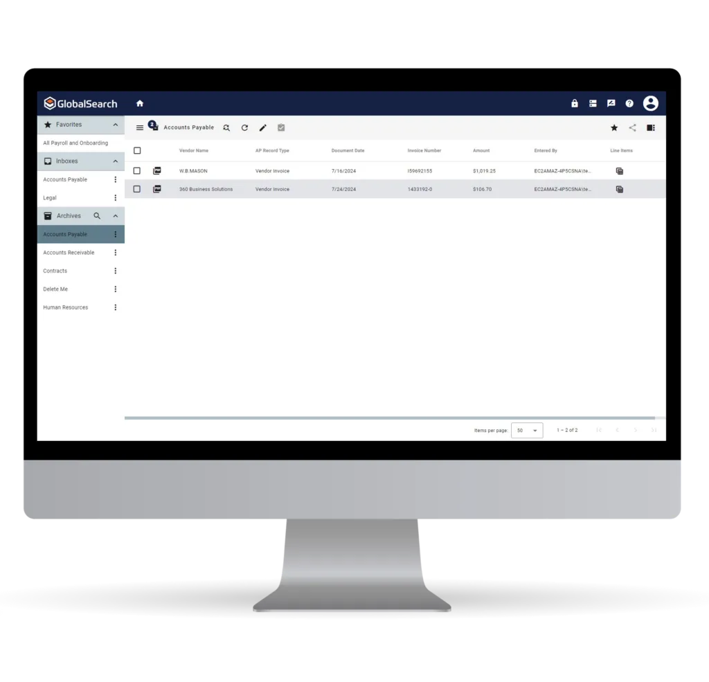 GlobalSearch Go browser-based document management interface
