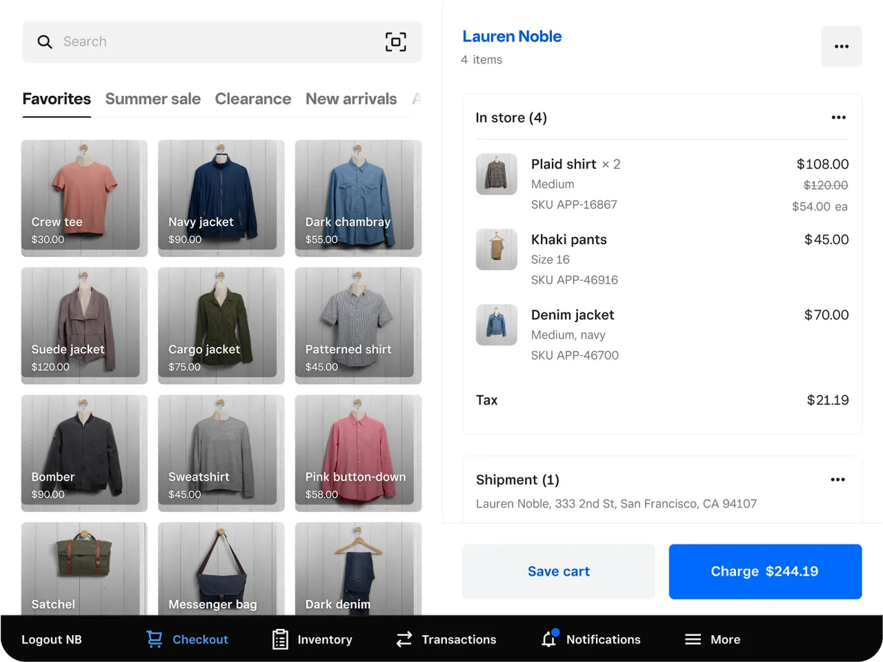 Retail POS checkout screen with item catalog and cart