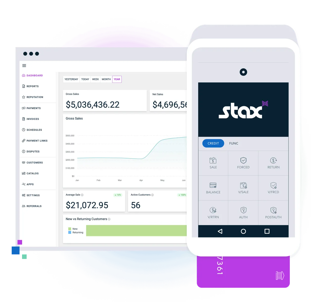 Stax Pay merchant dashboard with gross and net sales, and the Stax mobile app payment screen