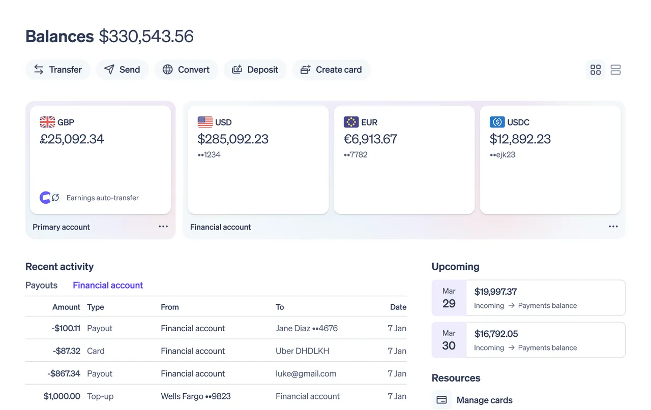 Stripe Treasury/Balances: multi-currency balances and recent activity