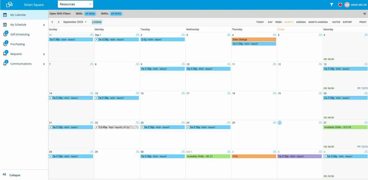 Smart Square staff member calendar showing posted shifts and open-shift bidding