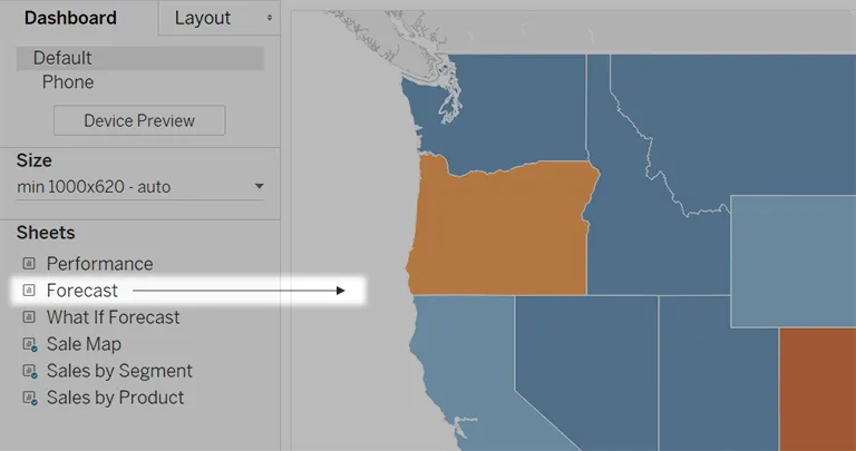 Tableau dashboard authoring view with the Sheets pane and a map visualization