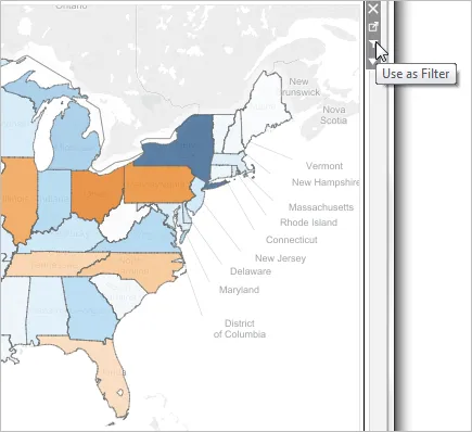Tableau dashboard map with the 'Use as Filter' interaction control