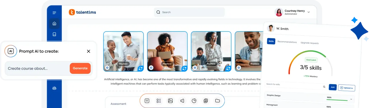 AI course creator generating content and images, plus a learner skills-match panel