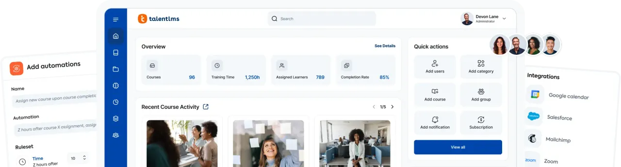 Admin quick actions, automation rule builder and integrations panel