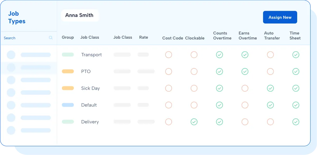 Job Types configuration screen showing cost codes, overtime rules, and time sheet settings per job class
