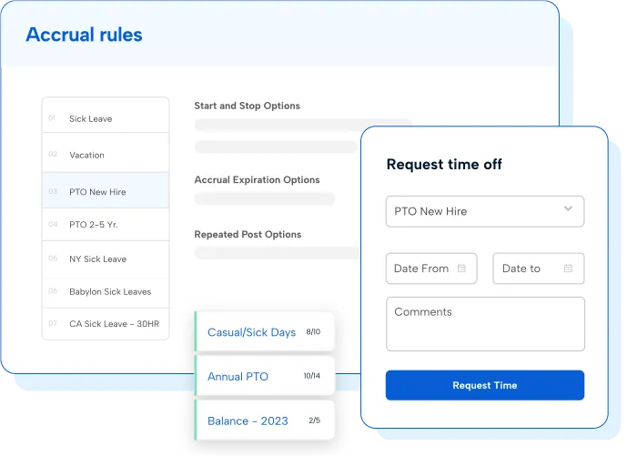 Accrual rules and employee leave request screens showing PTO balances and time-off request form