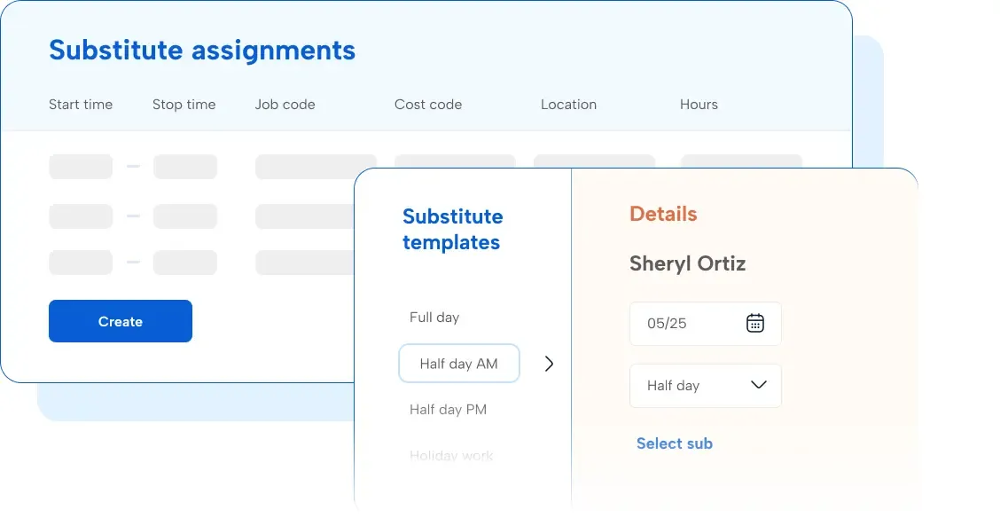 K-12 substitute assignment dashboard showing substitute templates and assignment details