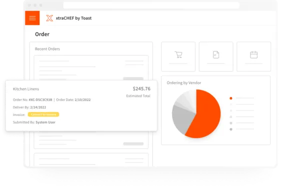 xtraCHEF by Toast order management dashboard with vendor spend breakdown