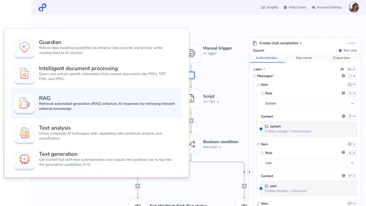 Tray workflow builder with a node palette and a chat completion configuration panel