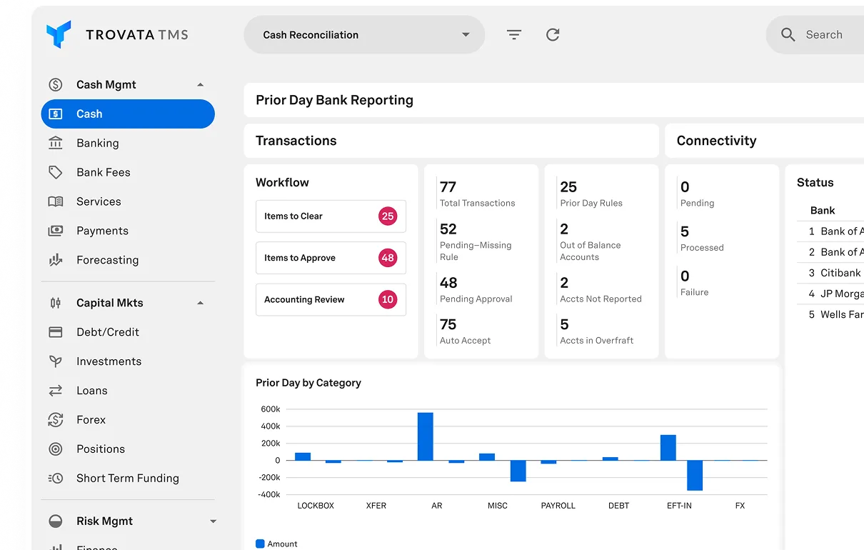 Treasury management workspace screen