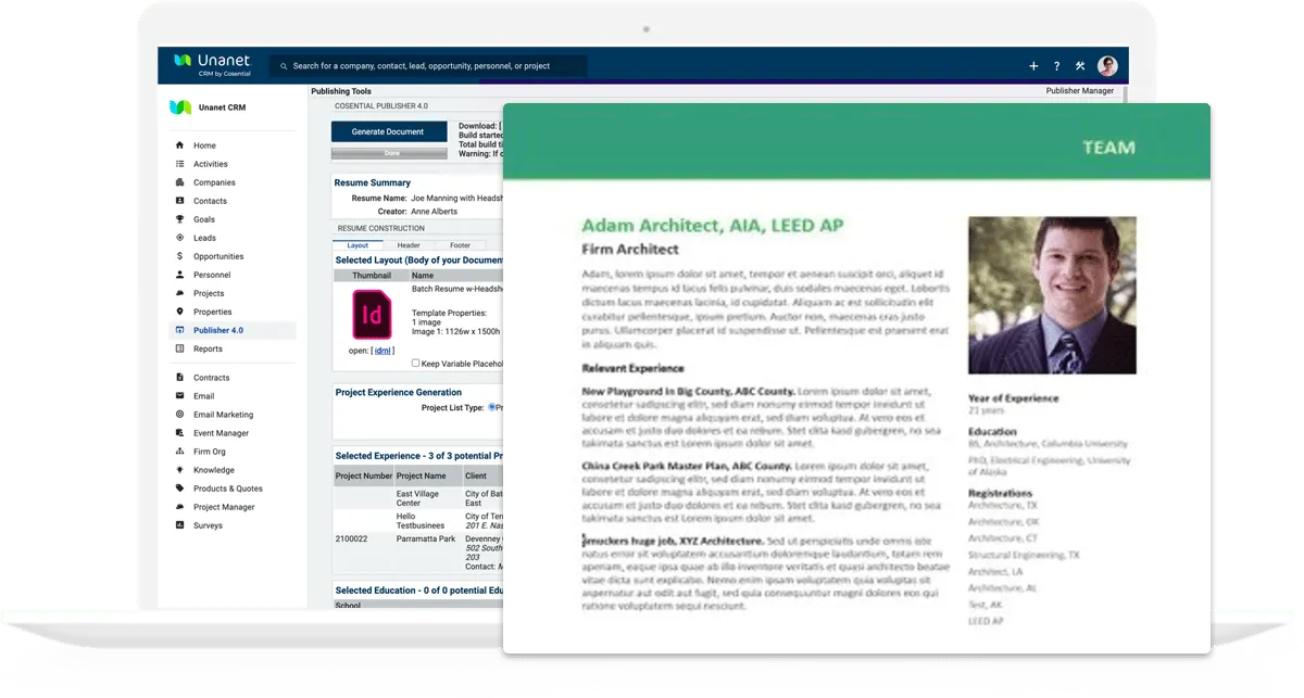 Unanet CRM proposal and resume (Publisher) generation tool