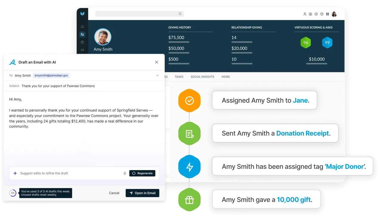 Donor 360-degree profile and pipeline view in Virtuous CRM+