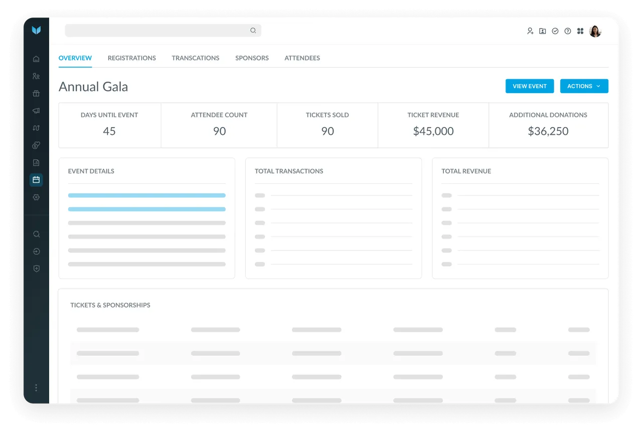 Events registration and giving tracking interface