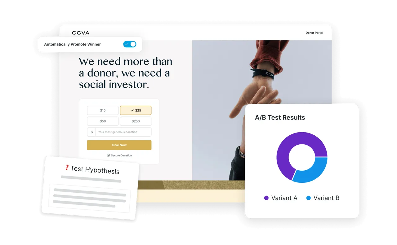 A/B testing setup for a Virtuous Raise donation page