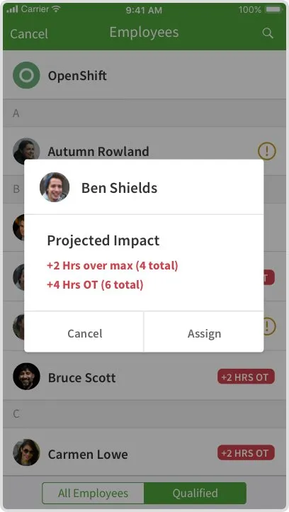 Mobile shift-assignment screen with projected overtime impact