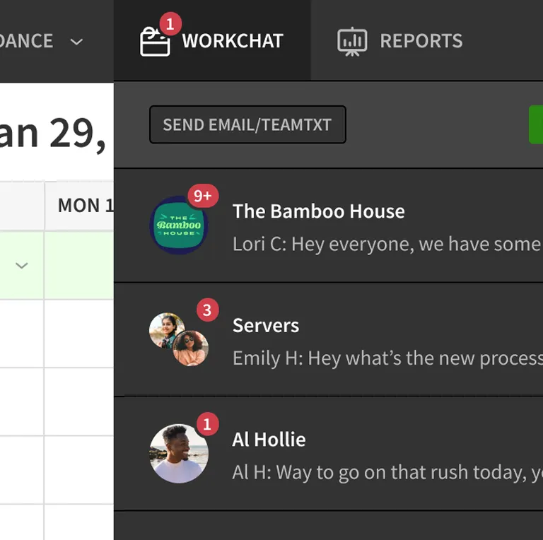 WorkChat team messaging panel with group conversation threads